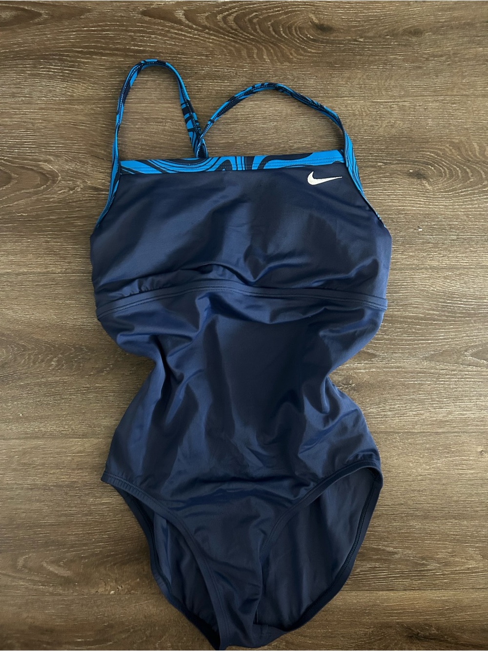 Nike Women's Navy One-Piece Swimsuit with Teal-Blue Straps